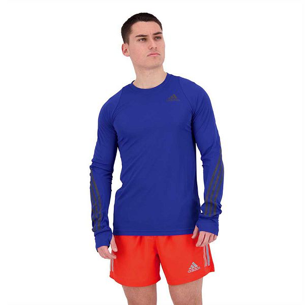 Adidas Run Icon Full Reflective 3 Stripes Long Sleeve Tişört Erkek Mavi | QOBK-20593